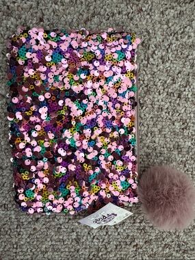 Wild Rose Pink Multicolor Sequin Pouch with Mauve Pom 6” x 8”